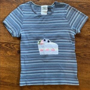 Upcycled Blue Striped Tee With Cake Patchwork Design